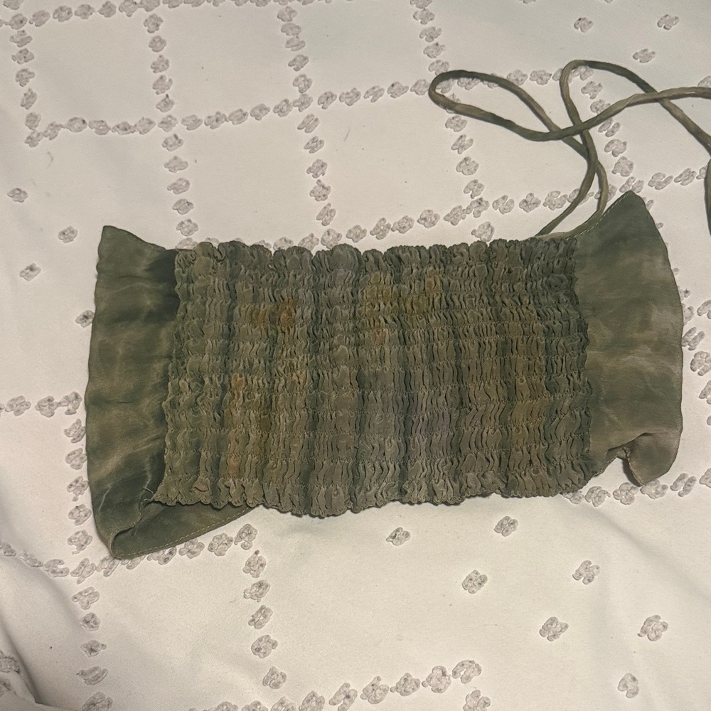 Army Forest Sage Tan Pink Green Beaded Strapless Silk Top with Tassels - Picture 5 of 6